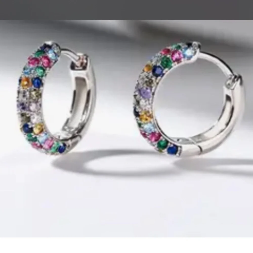 Silver Plated Mini Hoop Earrings Sparkling colorful Zircon Gem - Picture 10 of 10